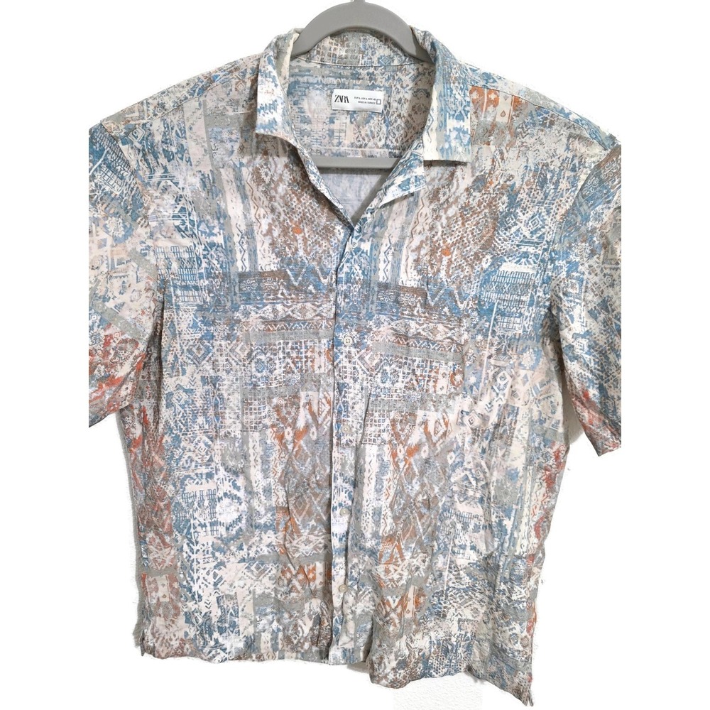 Zara Shirt Mens Large Multicolor Geometric Short Sleeve Button Viscose Casual
